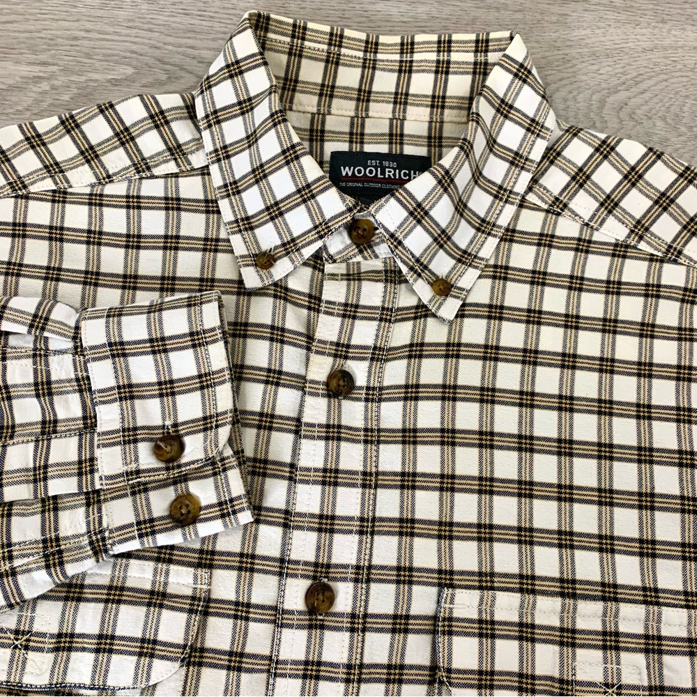 Woolrich Shirt Men's XL Brown Yellow Cream Plaid Button Down Long Sleeve Western